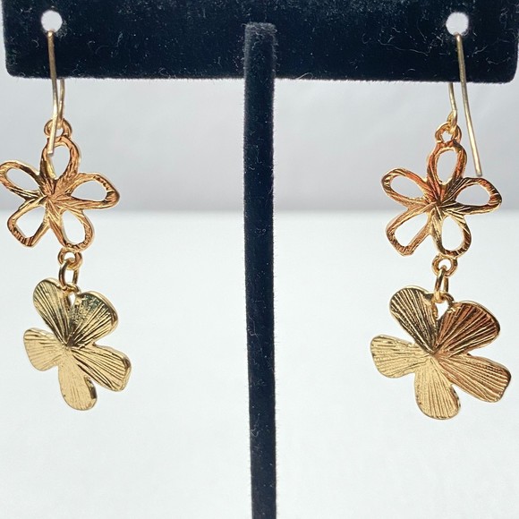 Dangle Drop Pierced Hook Earrings Gold Tone And Rhinestone Flower Tower - Picture 6 of 8